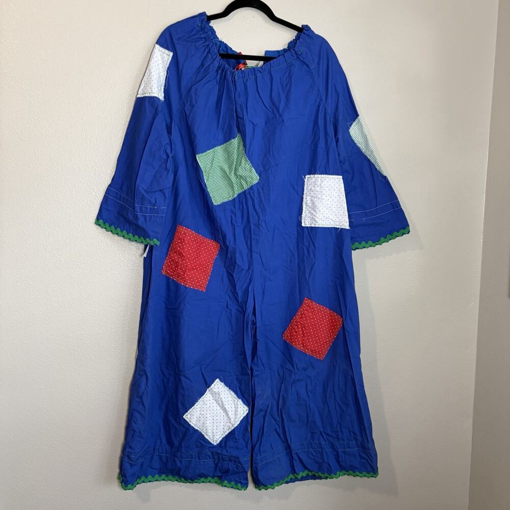 VTG Handmade Clown Costume Adult Jumpsuit Blue Patchwork Circus Wide Leg